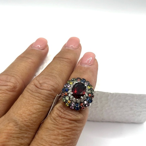 Cocktail Ring Faceted Red Quartz Multi Gemstone Flower Ring Signed FP Sz 6 VTG - Picture 9 of 14